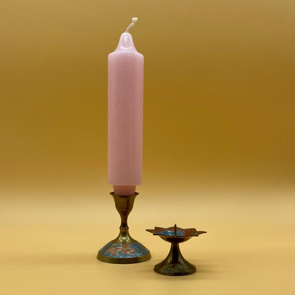 Vintage pair of brass enamel candle holders - 0021LZ